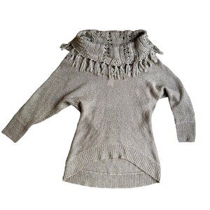 Cache Sweater Womens S Fringe Tassel Cowl Neck Hi Low Batwing Boho Hippie Sequin